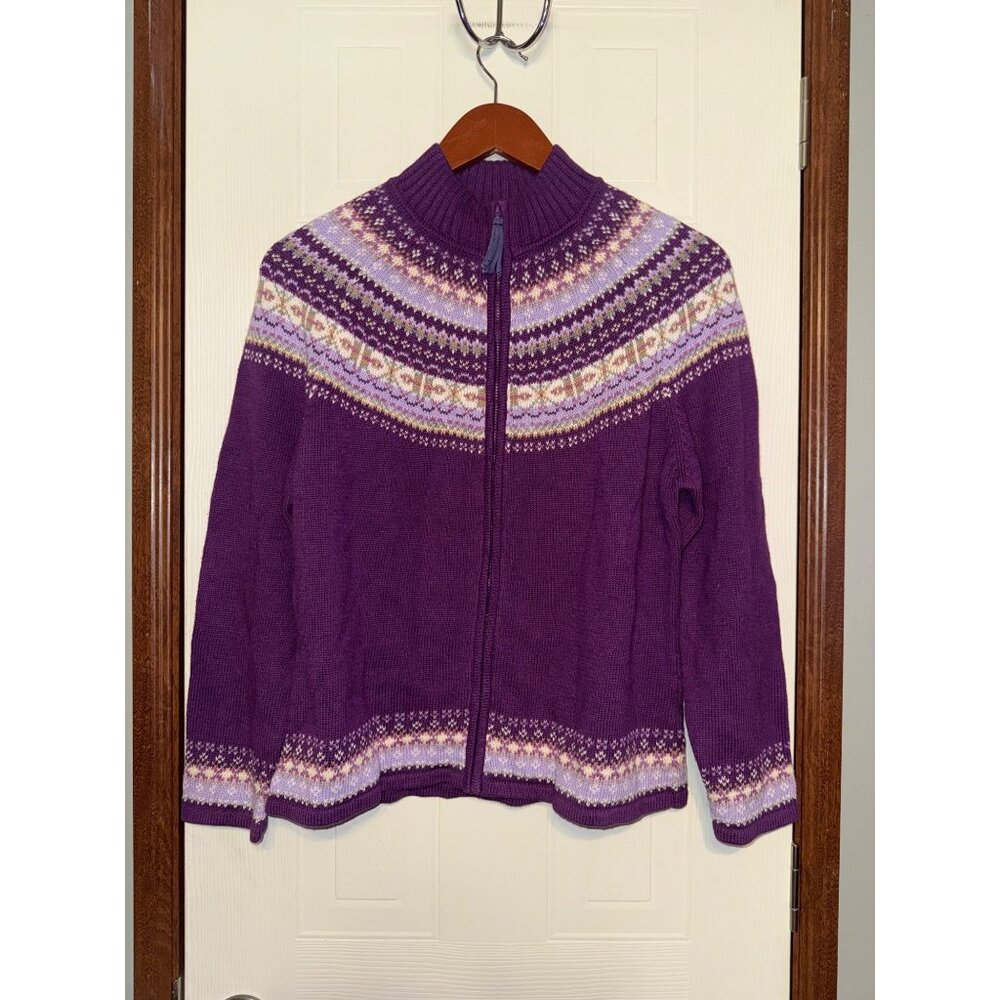 NWT Tiara International Design Purple Full Zip‎ Mock Neck Fair Isle Sweater Med